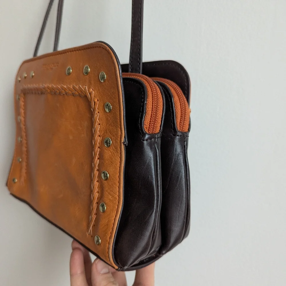 Tignanello Vintage Leather Mojave Crossbody Handbag Orange & Brown Studded